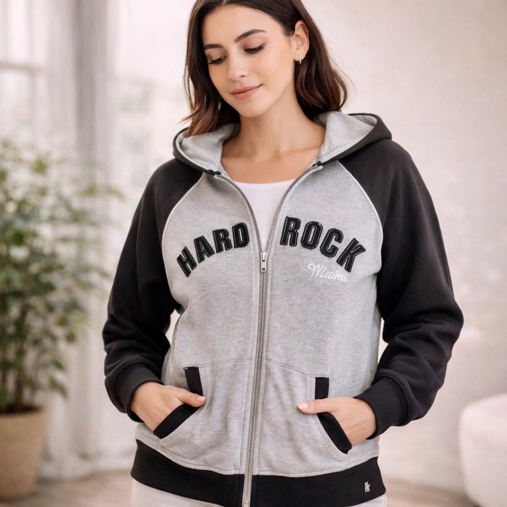 Early 2000s Hard Rock Cafe Miami Zip Hoodie Logo Raglan Gray